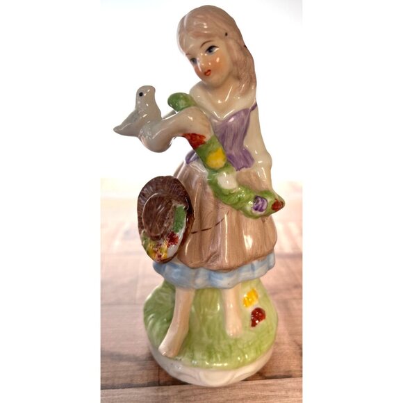 Vintage Hand-Painted Ceramic Figurine Girl Holding Bird Floral Accents Country C - Picture 1 of 4